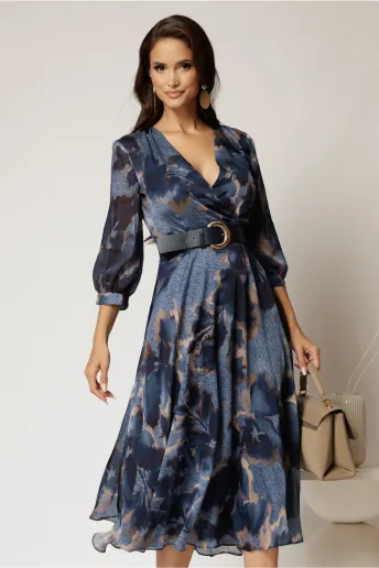 Rochie DY Fashion midi bleumarin din voal satinat cu imprimeu