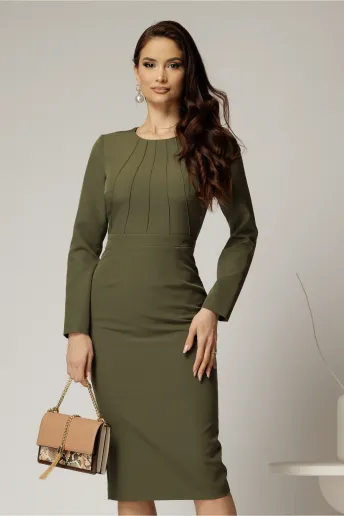 Rochie DY Fashion midi conica kaki office cu nervuri