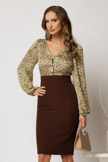 Rochie DY Fashion midi conica maro cu imprimeuri