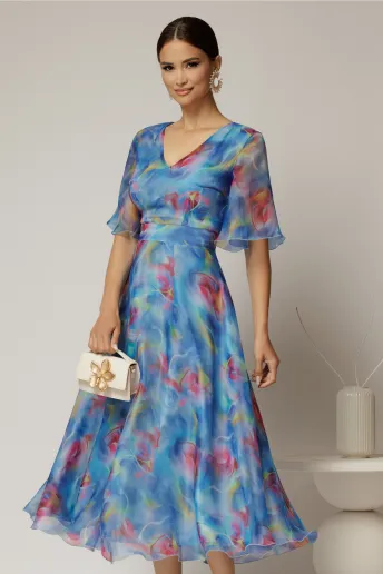 Rochie DY Fashion midi din organza cu imprimeuri bleu lila