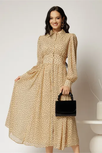 Rochie DY Fashion midi din voal bej cu buline si croi tip camasa