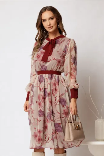 Rochie DY Fashion midi din voal cu imprimeuri bordo si cordon in talie