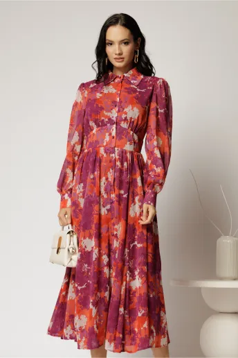 Rochie DY Fashion midi din voal cu imprimeuri si croi tip camasa
