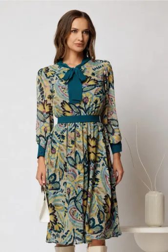 Rochie DY Fashion midi din voal cu imprimeuri turcoaz si cordon in talie