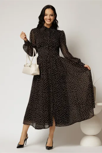 Rochie DY Fashion midi din voal negru cu buline si croi tip camasa