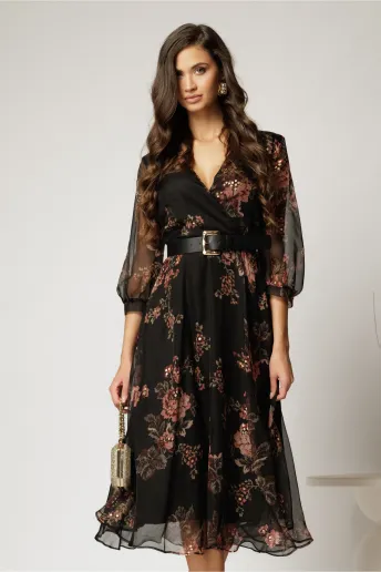 Rochie DY Fashion midi din voal negru cu imprimeu roze si decolteu petrecut