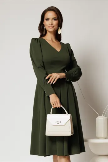 Rochie DY Fashion midi kaki cu decolteu in V si pliuri pe fusta