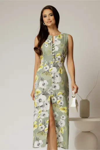 Rochie DY Fashion midi kaki cu imprimeuri din in cu nasturi pe bust fara maneci