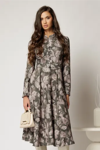 Rochie DY Fashion midi kaki cu imprimeuri eleganta cu nasturi si curea in talie