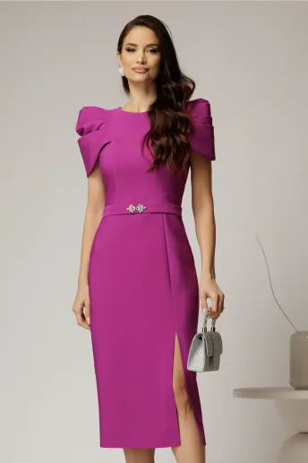 Rochie DY Fashion midi magenta de ocazie cu umeri bufanti si cordon detasabil