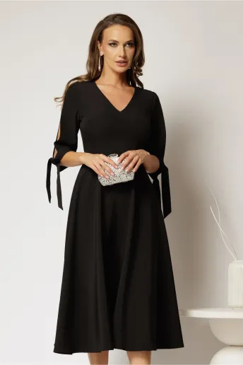 Rochie DY Fashion midi neagra cu decolteu in V si funde la maneci