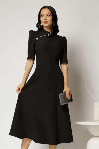 Rochie DY Fashion midi neagra cu guler tunica si aplicatii la decolteu