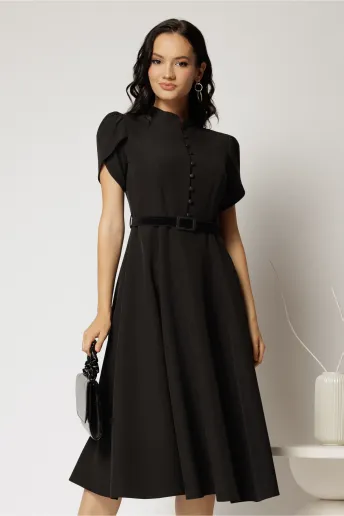 Rochie DY Fashion midi neagra cu nasturi si maneci scurte lalea