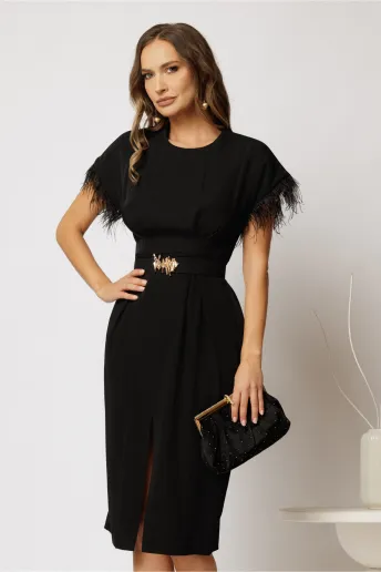 Rochie DY Fashion midi neagra din triplu voal cu pene la maneci