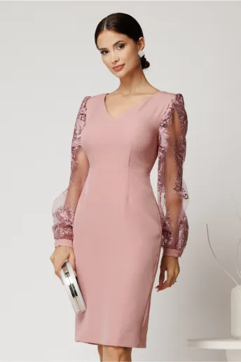 Rochie DY Fashion midi roz din stofa conica cu maneci din dantela