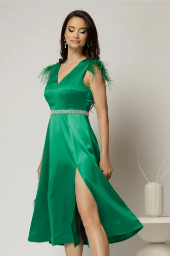 Rochie DY Fashion midi verde din tafta cu pene la umeri