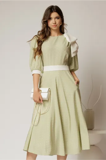 Rochie DY Fashion midi verde fistic cu buline si funda ampla pe umar