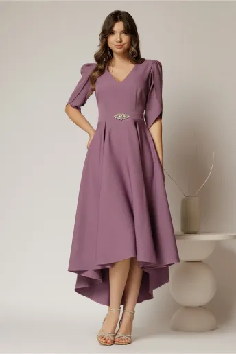 Rochie DY Fashion mov asimetrica cu maneci lalea si aplicatie pe talie