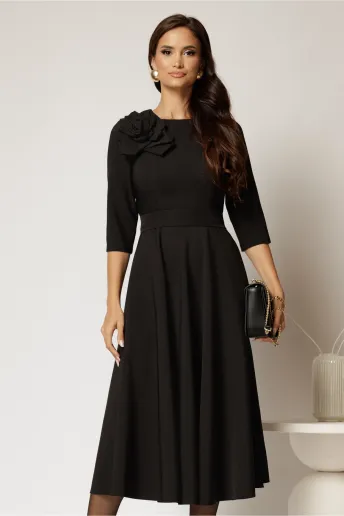 Rochie DY Fashion neagra clos cu trandafir la umar si cordon detasabil