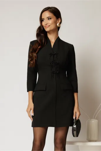 Rochie DY Fashion neagra cu croi cambrat si funde din margele