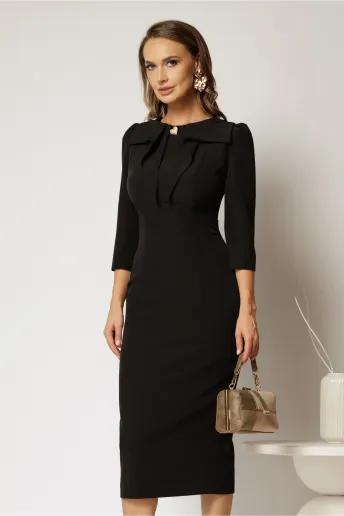 Rochie DY Fashion neagra cu croi conic si guler amplu accesorizat