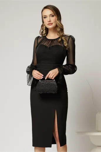 Rochie DY Fashion neagra cu maneci lungi din voal cu croi mulat