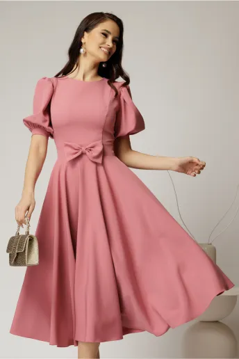 Rochie DY Fashion roz din stofa in clos cu funda in talie