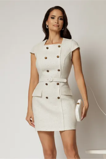 Rochie DY Fashion scurta alba din tweed cu nasturi si decolteu patrat
