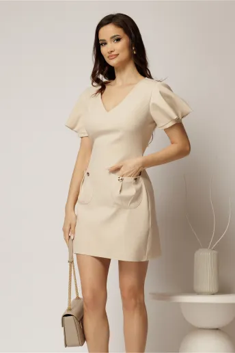 Rochie DY Fashion scurta bej cu croi drept si buzunare pe fusta