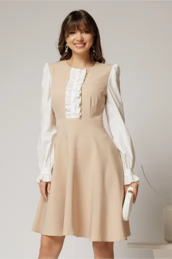Rochie DY Fashion scurta bej cu maneci lungi din poplin si volanase