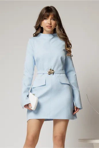 Rochie DY Fashion scurta bleu din stofa cu clapete tip buzunare si curea in talie