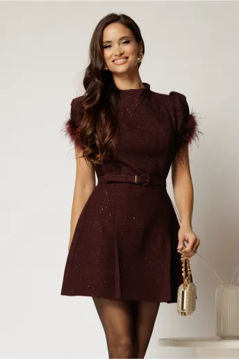 Rochie DY Fashion scurta bordo din tweed cu pene la maneci