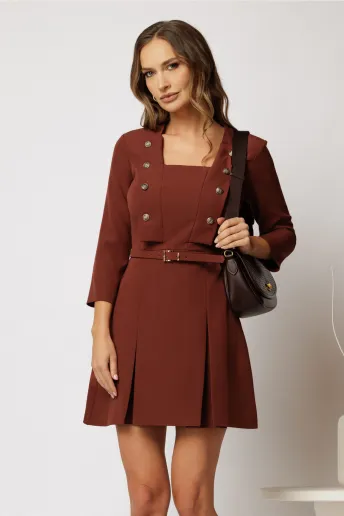 Rochie DY Fashion scurta caramizie cu decolteu patrat si nasturi