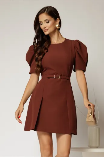 Rochie DY Fashion scurta caramizie cu maneci scurte si pliuri pe fusta