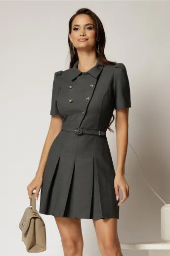 Rochie DY Fashion scurta gri cu rever si pliuri pe fusta
