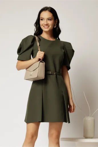 Rochie DY Fashion scurta kaki cu maneci scurte si pliuri pe fusta