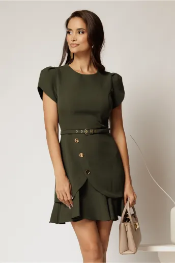 Rochie DY Fashion scurta kaki cu nasturi si volanas la fusta
