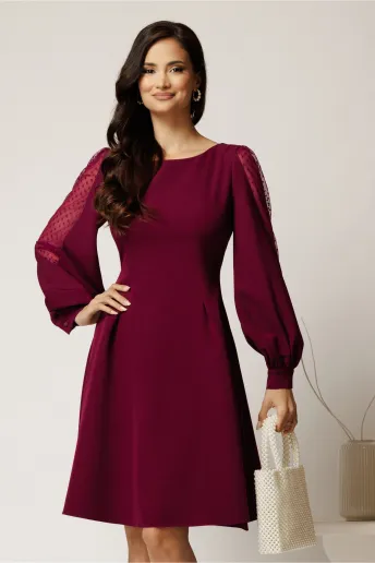 Rochie DY Fashion scurta magenta din stofa in clini cu maneci din tull cu buline