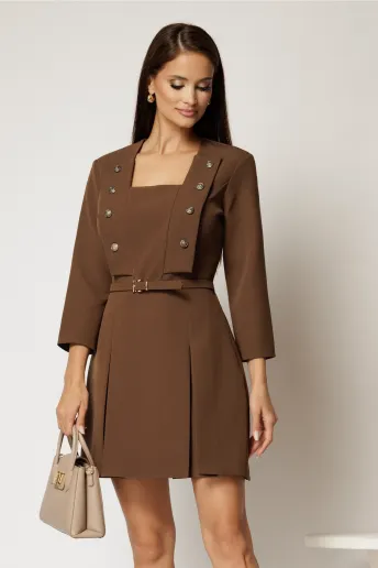 Rochie DY Fashion scurta maro cu decolteu patrat si nasturi