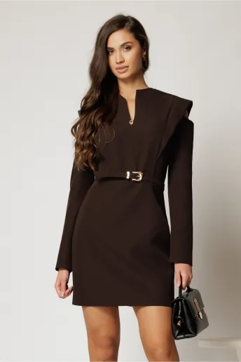 Rochie DY Fashion scurta maro cu decupaje la umeri