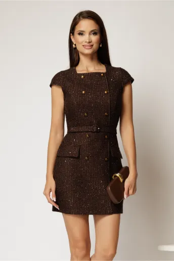 Rochie DY Fashion scurta maro din tweed cu nasturi si decolteu patrat