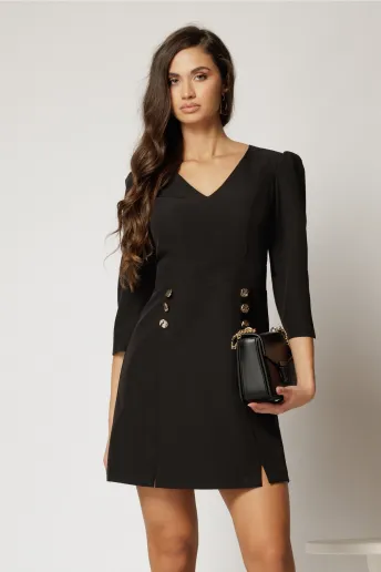 Rochie DY Fashion scurta neagra cu decolteu V si nasturi decorativi pe fusta