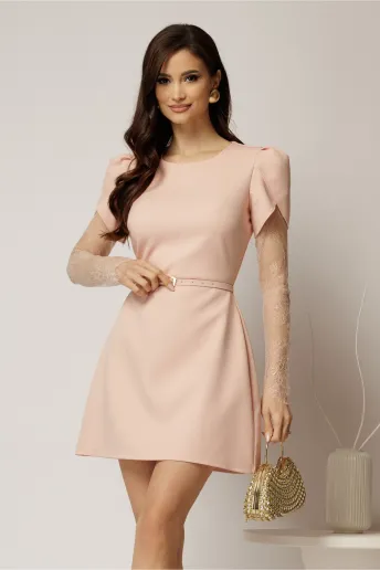 Rochie DY Fashion scurta roz cu maneci din dantela si curea in talie