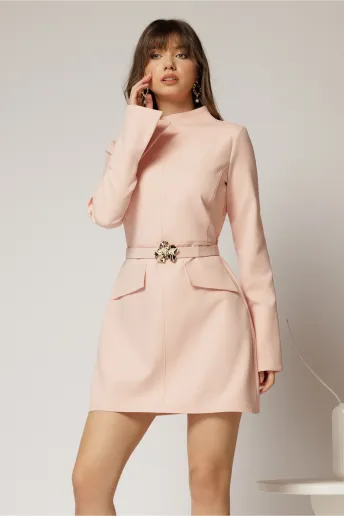 Rochie DY Fashion scurta roz din stofa cu clapete tip buzunare si curea in talie