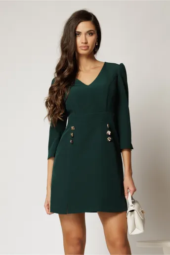 Rochie DY Fashion scurta verde cu decolteu V si nasturi decorativi pe fusta