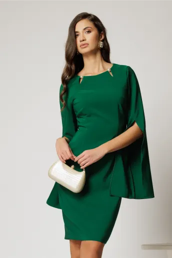 Rochie DY Fashion scurta verde cu maneci crapate si perle la decolteu