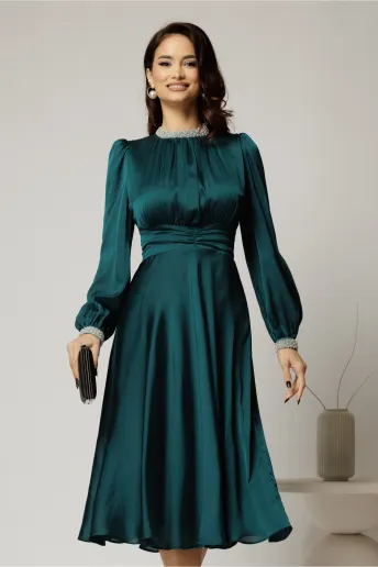 Rochie DY Fashion verde din voal cu perle la guler si maneci
