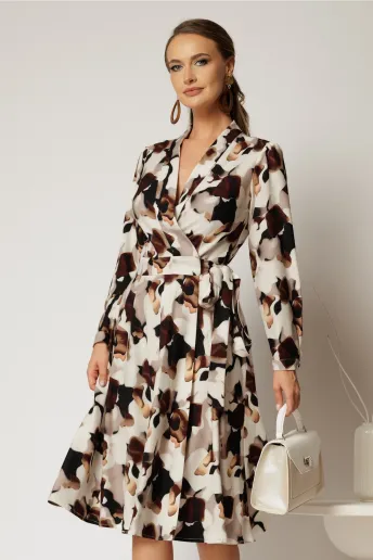 Rochie ivoar midi imprimeu abstract cu aspect petrecut si cordon in talie