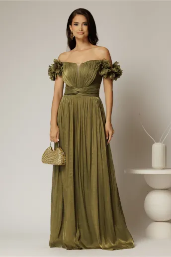 Rochie lunga de ocazie olive din voal peliculizat cu aplicatii florale 3D