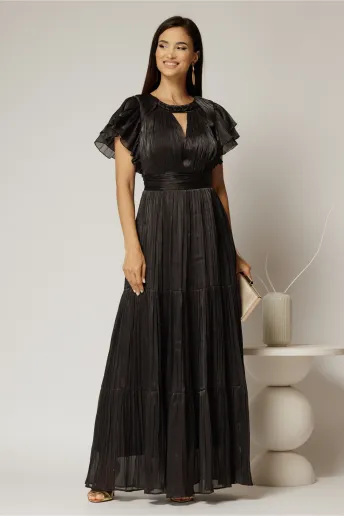 Rochie lunga neagra de ocazie din voal peliculizat cu decupaj si impletitura la decolteu